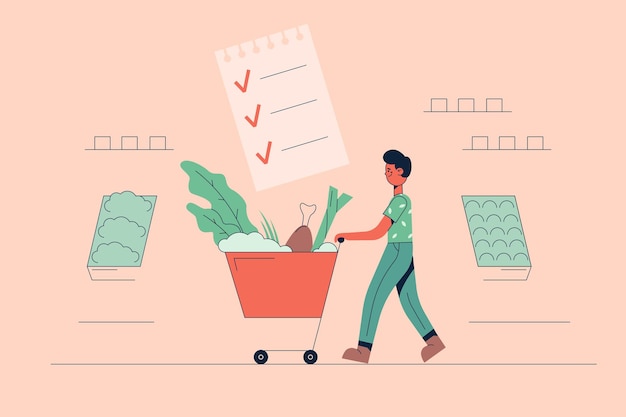 Personaje de dibujos animados joven positivo que lleva ingredientes veganos saludables frescos en la bolsa del carrito de la compra en el supermercado para cocinar comidas equilibradas