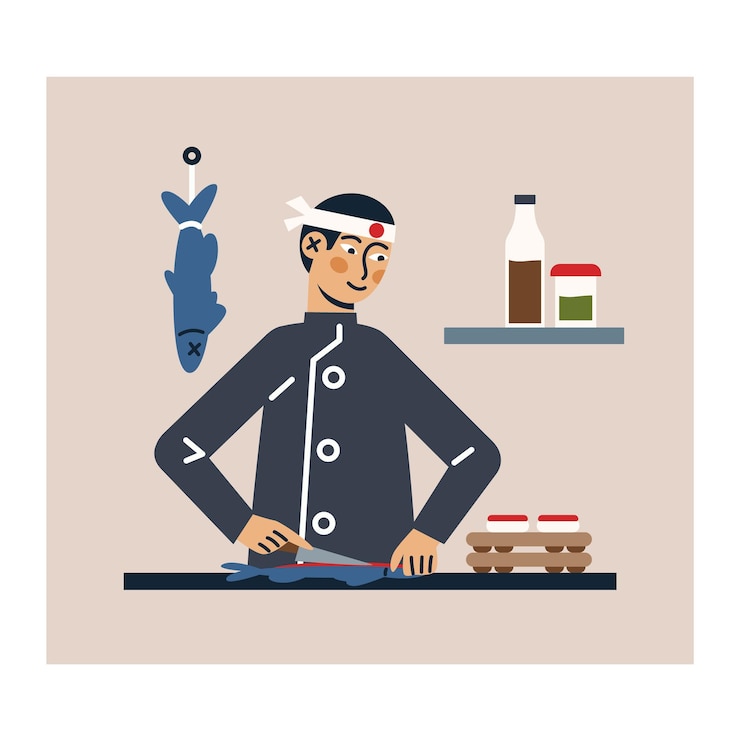 Vector personaje de dibujos animados de joven en uniforme haciendo sushi