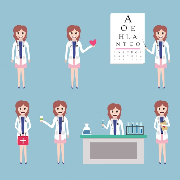 Personaje de dibujos animados de Lady Doctor en diferentes poses con equipos médicos.