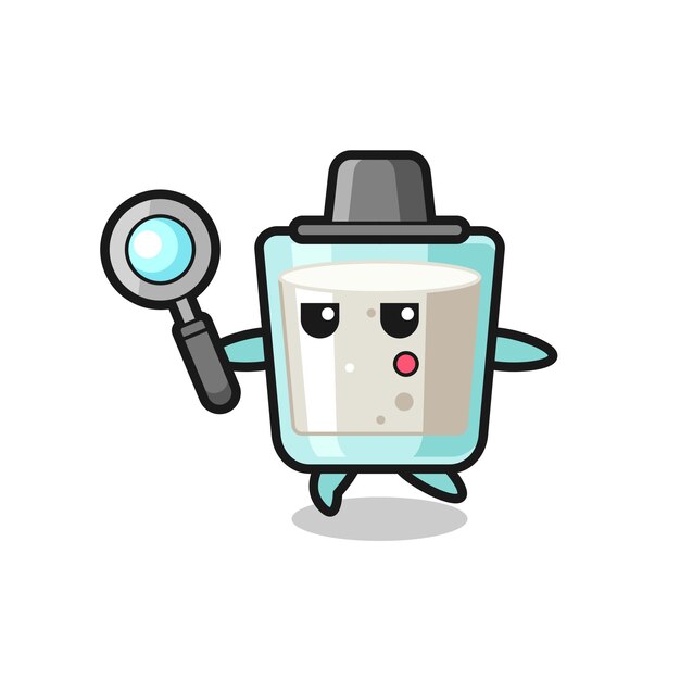 Personaje de dibujos animados de leche buscando con una lupa, diseño de estilo lindo para camiseta, pegatina, elemento de logotipo