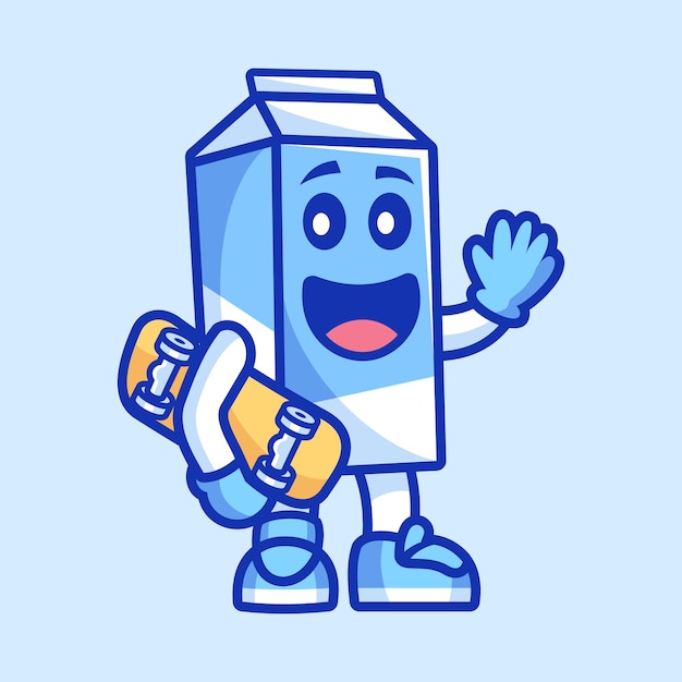 Vector personaje de dibujos animados de leche sosteniendo una patineta