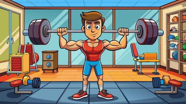 Vector personaje de dibujos animados levantando pesas en un gimnasio