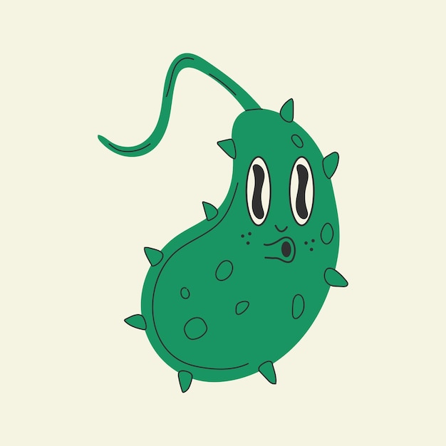 Personaje de dibujos animados lindo bacteria vibrio cholerae Animación antigua años 60 años 70 personajes de dibujos animados divertidos