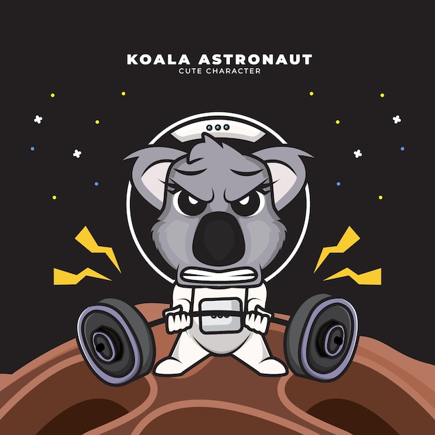 Vector el personaje de dibujos animados lindo del bebé astronauta koala está levantando pesas