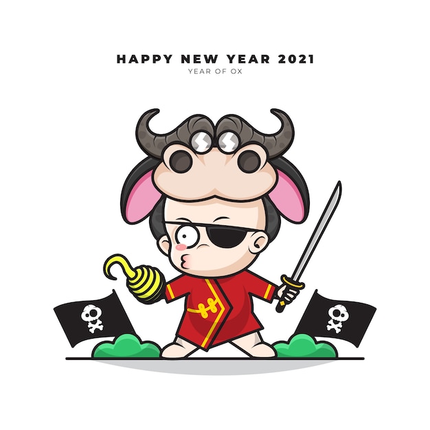 Personaje de dibujos animados lindo de bebé chino con disfraz de buey asumir el papel de un pirata empuñando una espada y saludos de feliz año nuevo