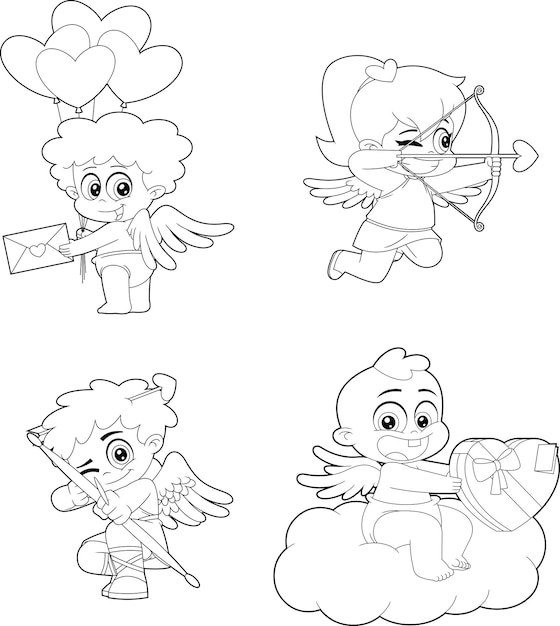 Personaje de dibujos animados lindo bebé cupido contorneado. conjunto de colección de vectores dibujados a mano