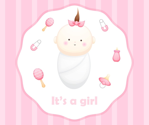 Personaje de dibujos animados lindo bebé niña tarjeta. Ilustración de elemento de bebé Vector Premium