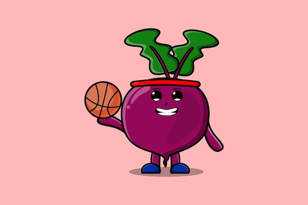 Personaje de dibujos animados lindo Beetroot jugando baloncesto en ilustración de diseño de estilo plano moderno
