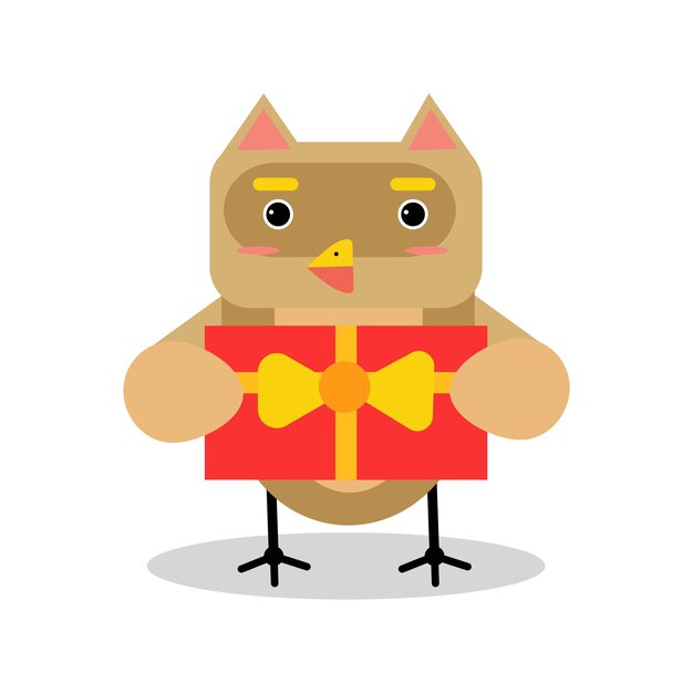 Personaje de dibujos animados lindo búho pájaro en forma geométrica con vector de caja de regalo roja ilustración aislada sobre fondo blanco