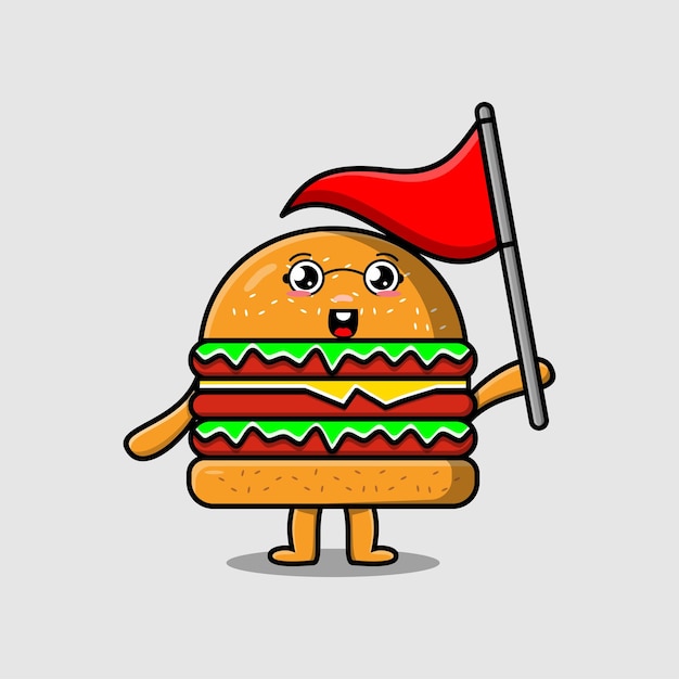 Personaje de dibujos animados lindo burger con bandera triangular en ilustración de diseño plano moderno