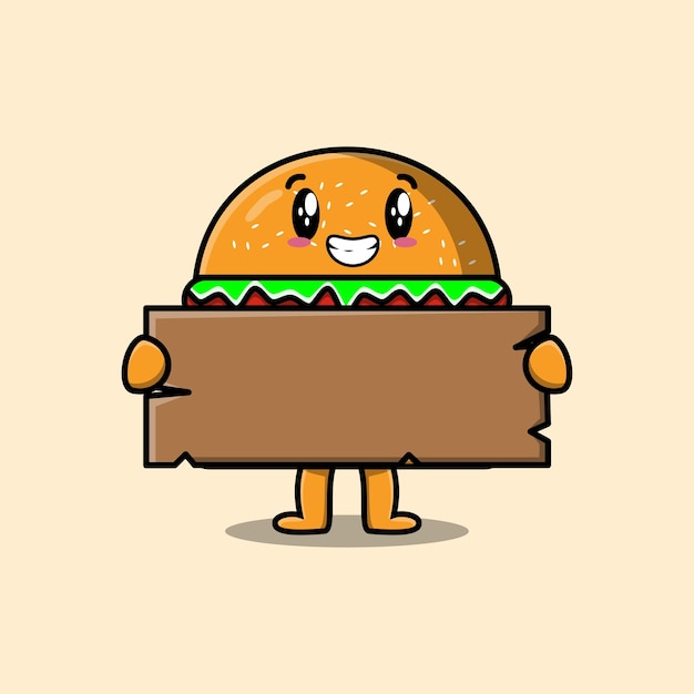 Personaje de dibujos animados lindo Burger con ilustración de icono de vector de tablero de texto de madera en blanco