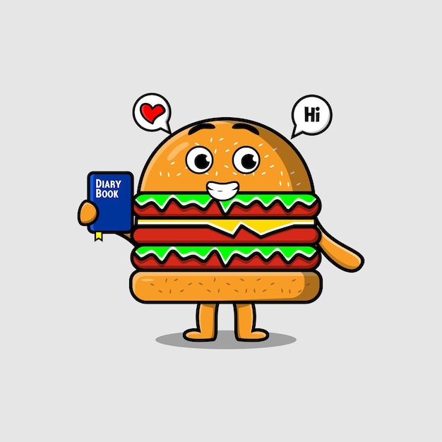 Vector personaje de dibujos animados lindo burger con ilustración de libro de diario con expresión feliz