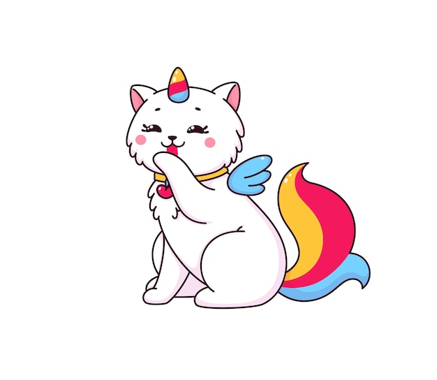 Personaje de dibujos animados lindo caticorn lamiendo su pata