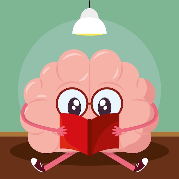 Vector personaje de dibujos animados lindo cerebro aislado leyendo un libro ilustración vectorial