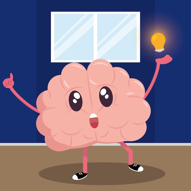 Personaje de dibujos animados lindo cerebro feliz aislado con una idea ilustración vectorial