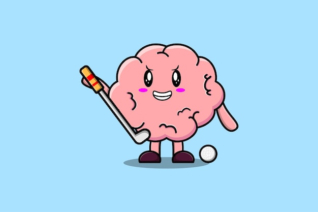 Personaje de dibujos animados lindo cerebro jugando al golf en la ilustración de estilo de dibujos animados plana de concepto