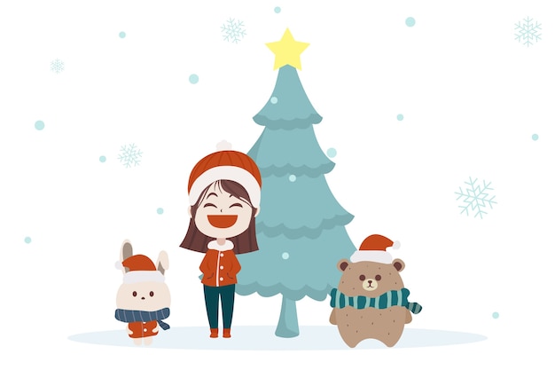 Personaje de dibujos animados lindo día de navidad, feliz navidad feliz año nuevo festival, santa niños y animales, árbol de navidad copo de nieve conejo oso ilustración