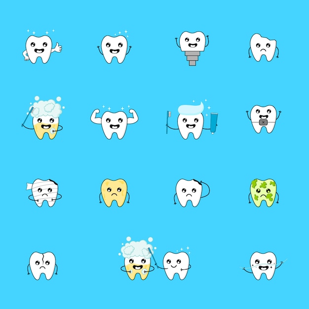 Personaje de dibujos animados lindo diente. emoticonos con diferentes expresiones faciales. cuidado dental