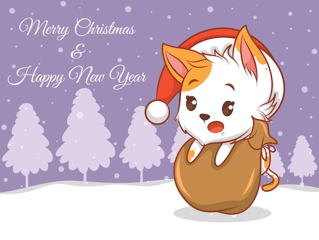 Vector personaje de dibujos animados lindo gato con feliz navidad y feliz año nuevo saludo banner