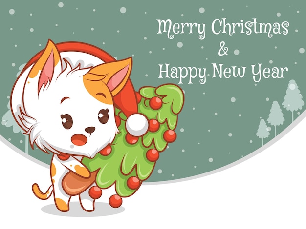 Vector personaje de dibujos animados lindo gato con feliz navidad y feliz año nuevo saludo banner