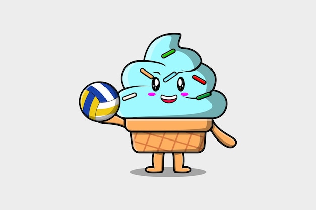 Personaje de dibujos animados lindo helado jugando voleibol en ilustración de estilo de dibujos animados plana