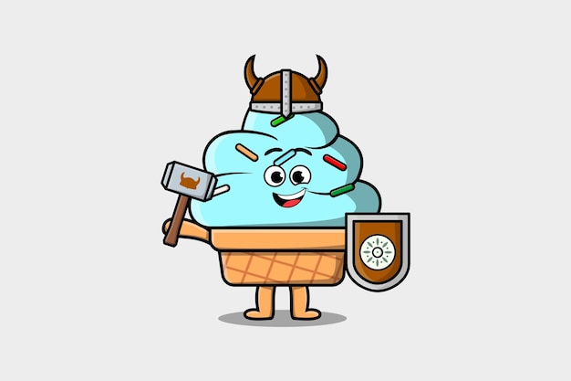 Personaje de dibujos animados lindo helado pirata vikingo con sombrero y martillo y escudo