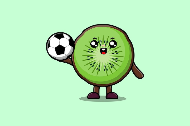 Vector personaje de dibujos animados lindo kiwi jugando al fútbol en la ilustración de estilo de dibujos animados plana