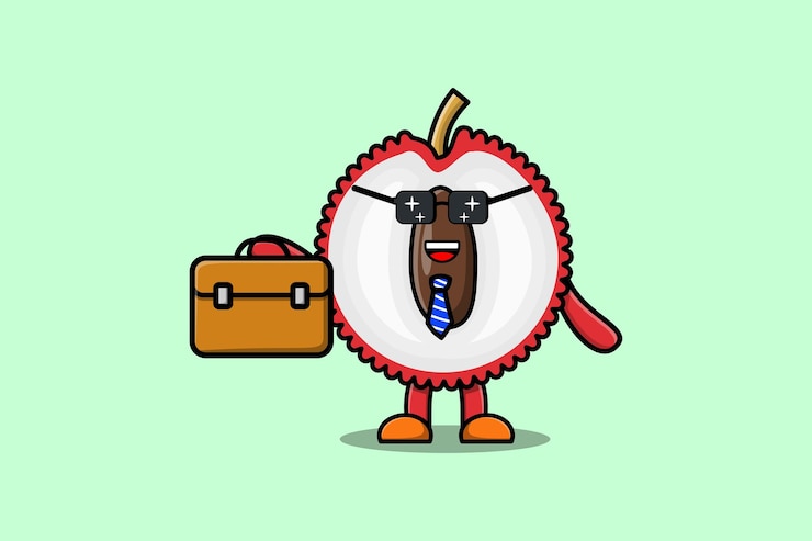 Vector personaje de dibujos animados lindo lychee empresario con ilustración de maleta