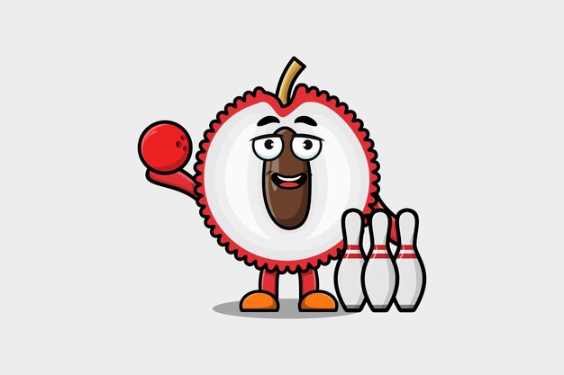 Personaje de dibujos animados lindo Lychee jugando bolos en ilustración de diseño de estilo plano moderno