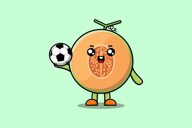 Personaje de dibujos animados lindo Melon jugando al fútbol en la ilustración de estilo de dibujos animados plana