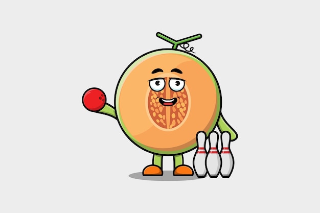 Personaje de dibujos animados lindo Melon jugando bolos en ilustración de diseño de estilo plano moderno