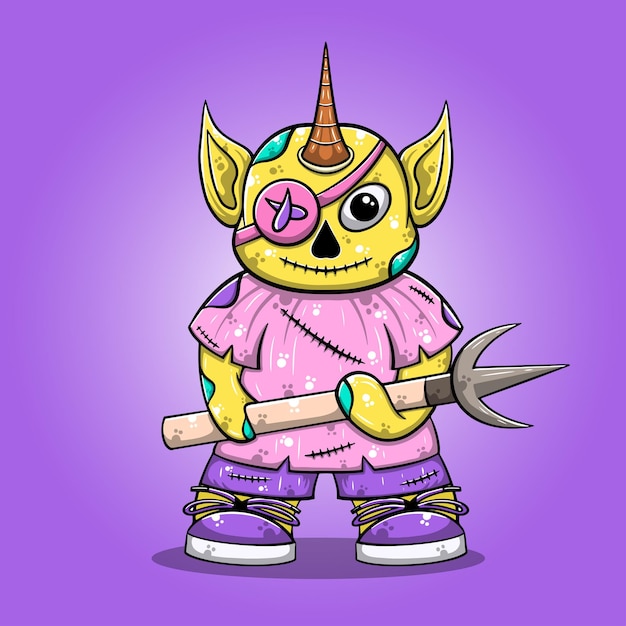 Vector personaje de dibujos animados lindo monstruo amarillo dibujado a mano con arma tridente