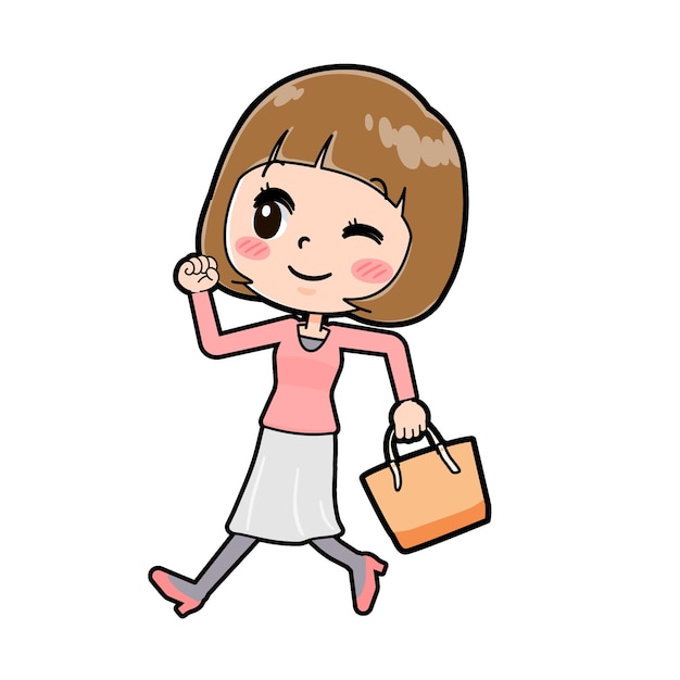 Personaje de dibujos animados lindo de mujer joven con un gesto de caminar con una bolsa.