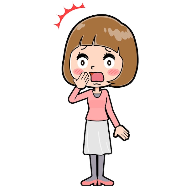 Personaje de dibujos animados lindo de mujer joven con un gesto de sorpresa.
