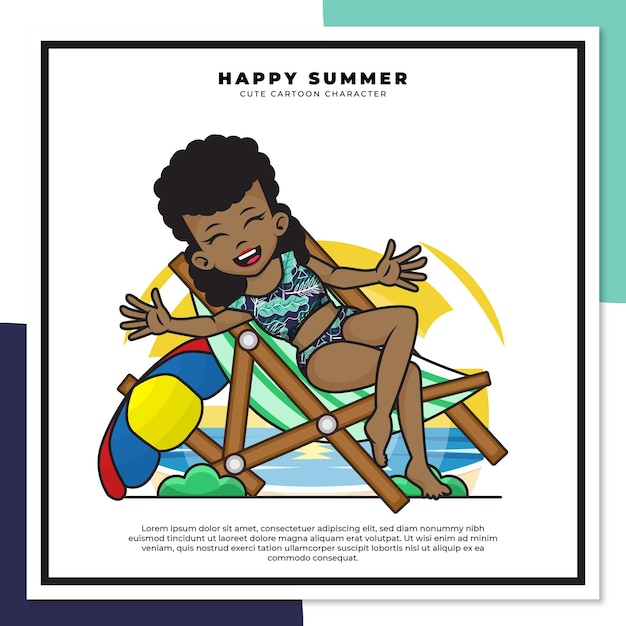 Vector personaje de dibujos animados lindo de niña negra se estaba relajando en la playa con saludos felices de verano