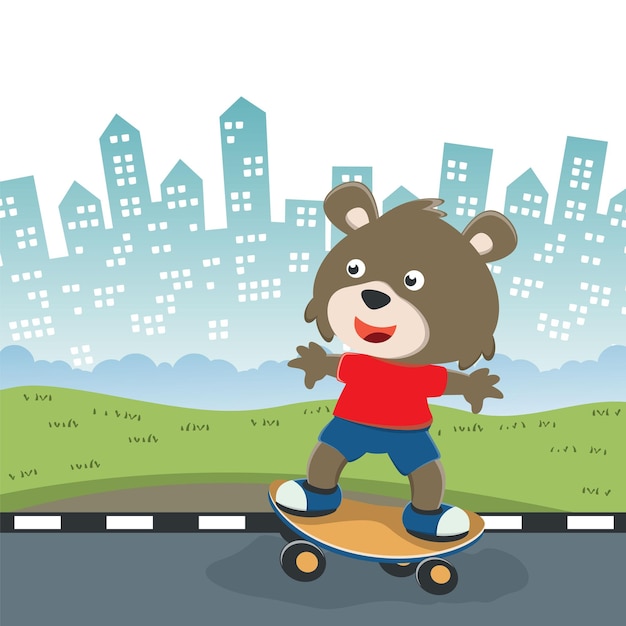 Vector personaje de dibujos animados lindo patinador zorro impresión vectorial con un oso lindo en una patineta se puede usar para imprimir camisetas niños usan diseño de moda tela textil papel pintado de guardería y otra decoración