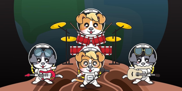 El personaje de dibujos animados lindo del perro astronauta está tocando música en un grupo de banda