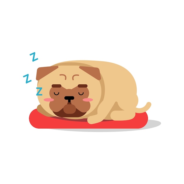 Personaje de dibujos animados lindo perro pug durmiendo en vector de alfombra roja ilustración aislada sobre fondo blanco