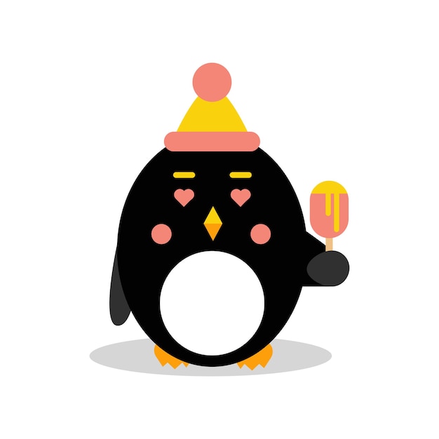 Personaje de dibujos animados lindo pingüino con sombrero y comiendo helado, pájaro divertido en vectores de forma geométrica ilustración aislada sobre fondo blanco