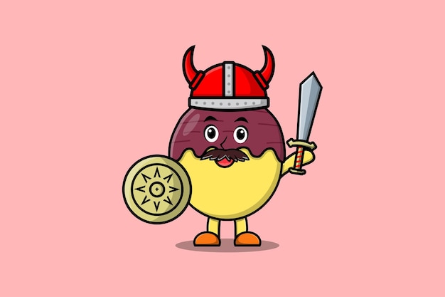 Personaje de dibujos animados lindo pirata vikingo de batata con sombrero y sosteniendo espada y escudo ilustración