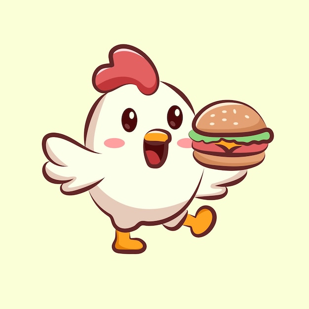 un personaje de dibujos animados lindo pollo con una pierna se ejecuta traer una hamburguesa animal logotipo de dibujus animados para los elementos