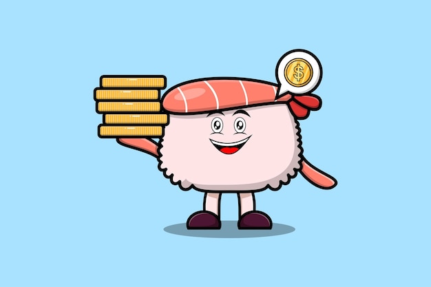 Personaje de dibujos animados lindo Sushi camarón sosteniendo en ilustración de vector de moneda de oro apilada