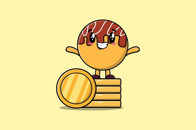 Personaje de dibujos animados lindo Takoyaki de pie en la ilustración de vector de moneda de oro apilada en dibujos animados planos