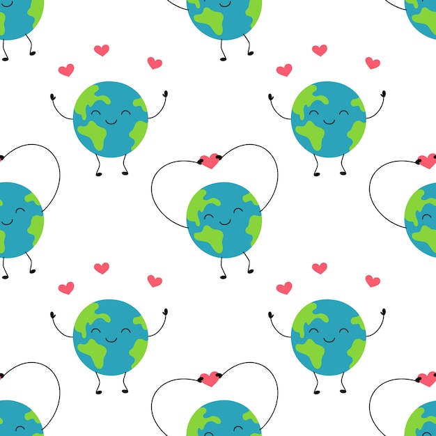 Personaje de dibujos animados lindo de la tierra. día de la tierra, salva el planeta verde, felicidad, amor. patrón sin costuras