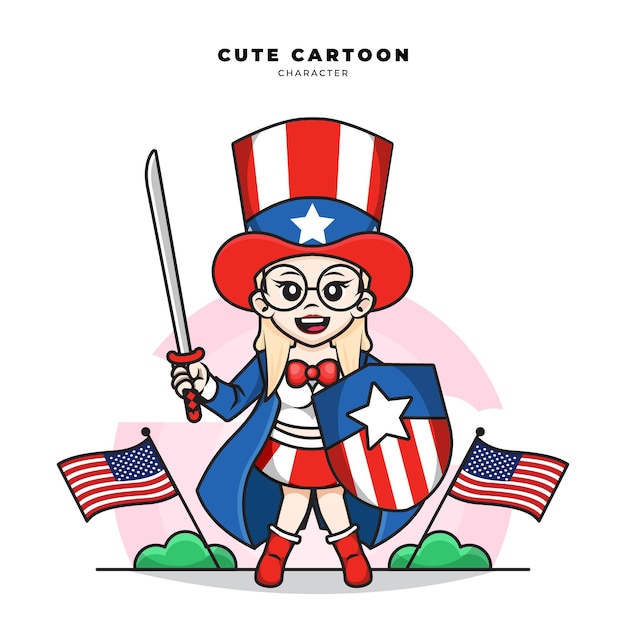 Vector personaje de dibujos animados lindo del tío sam mujer empuñando una espada americana y un escudo