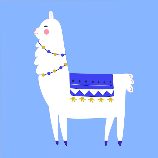 Personaje de dibujos animados de llama. Decoración tradicional de borlas y guirnaldas. Ilustración linda de lama.