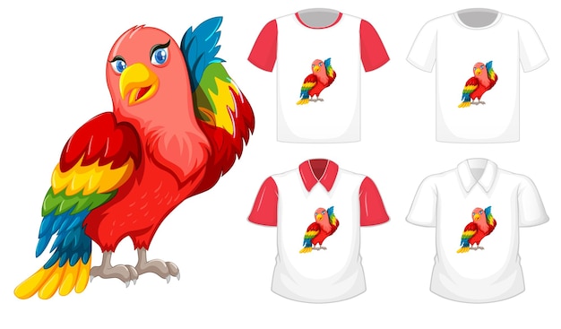 Vector personaje de dibujos animados de lovebird con muchos tipos de camisas sobre fondo blanco