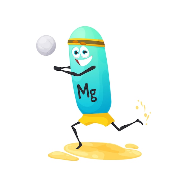 Personaje de dibujos animados de magnesio jugando al voleibol.