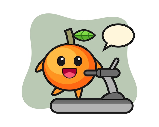 Personaje de dibujos animados de mandarina caminando en la cinta, estilo lindo, etiqueta engomada, elemento del logotipo