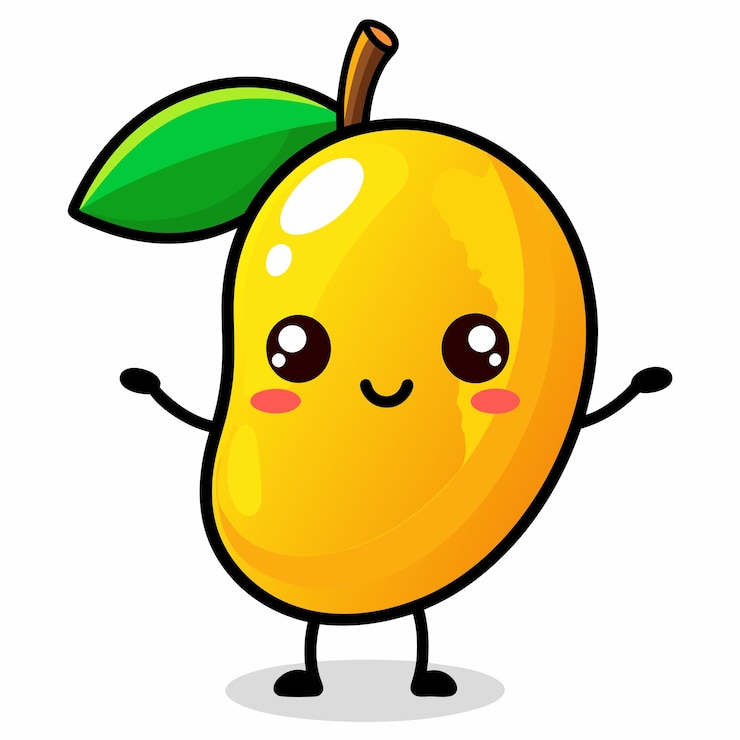Vector un personaje de dibujos animados de mango con una cara y una ilustración vectorial de hoja verde